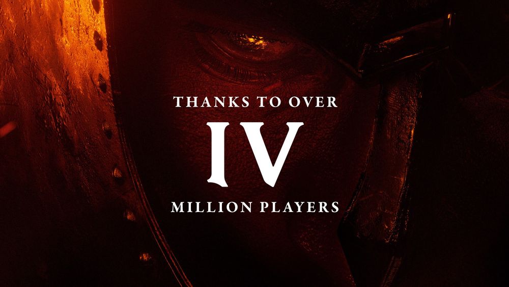 Pictured is a close up on the face of the Hero of Kvatch. White text overlaid reads: "Thanks to over IV (4) million players."