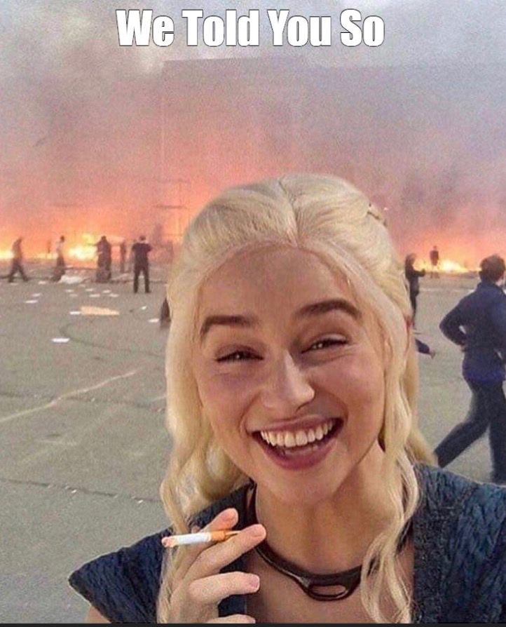 Daenerys Targaryen burning everything to the ground with helpful "We Told You So" caption