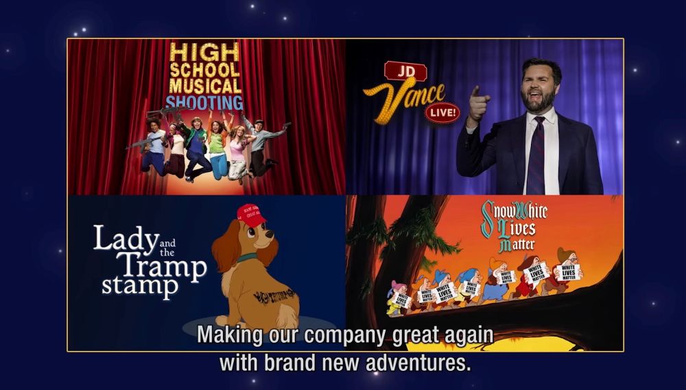 screenshot from the Lubach show segment premiering the new trumpified Disney content:
- High School Musical Shooting
- JD Vance LIVE!
- Lady and the Tramp Stamp (the tramp stamp is for Trump)
- Snow White Lives Matter