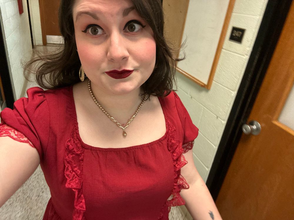 Jamie Alvey in period dress for a Halloween event.