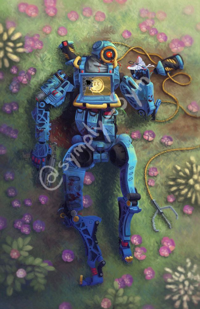 Apex Legends' Pathfinder, a blue robot, lying damaged in a flower meadow, looking at a butterfly that landed on his hand
