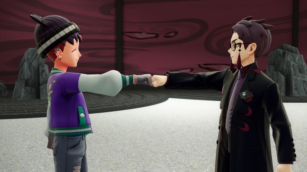 Pokémon Legends ZA: The player character and Corbeau fist bumping 
