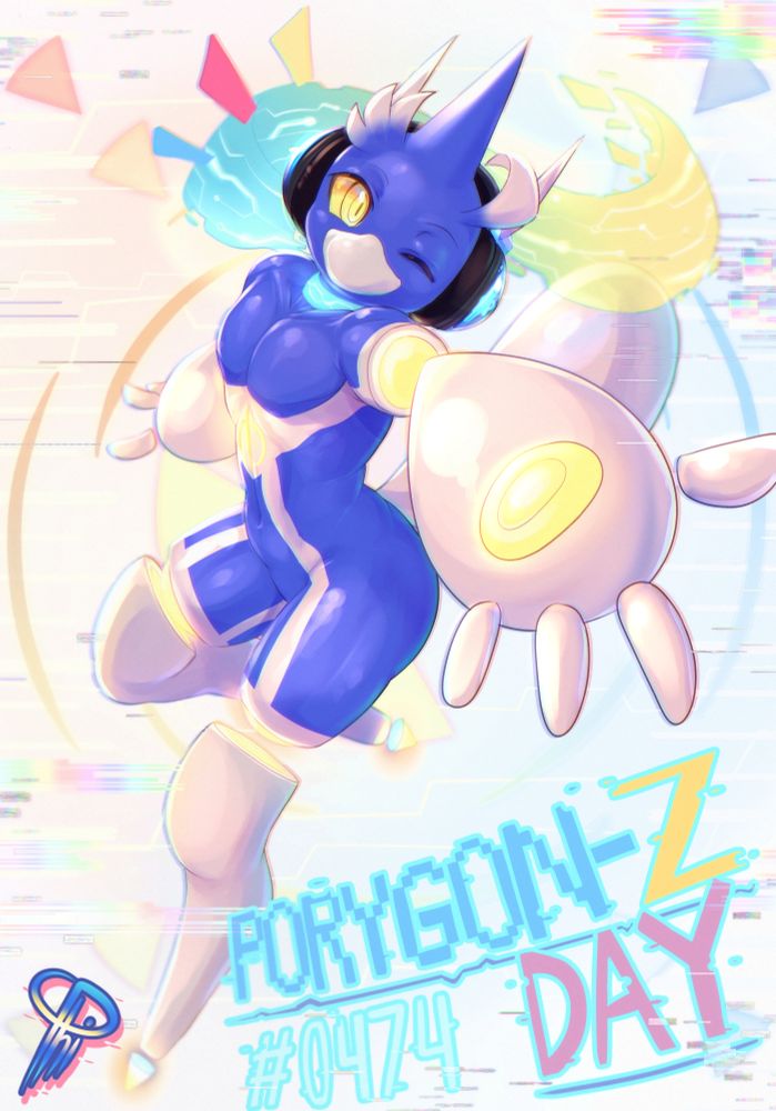 Phi the Porygon-Z warmly extending his hand towards the viewer in a glitchy background. Happy Porygon-Z Day! (July 26th)
