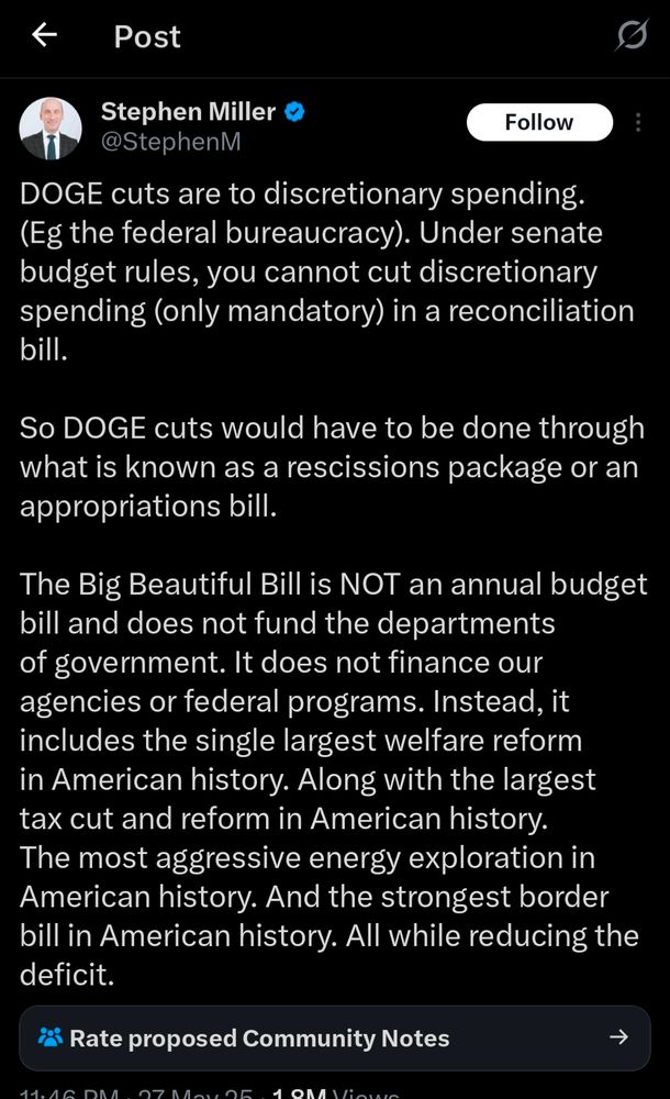 DOGE cuts are to discretionary spending. (Eg the federal bureaucracy). Under senate budget rules, you cannot cut discretionary spending (only mandatory) in a reconciliation bill.

So DOGE cuts would have to be done through what is known as a rescissions package or an appropriations bill.

The Big Beautiful Bill is NOT an annual budget bill and does not fund the departments of government. It does not finance our agencies or federal programs. Instead, it includes the single largest welfare reform in American history. Along with the largest tax cut and reform in American history. The most aggressive energy exploration in American history. And the strongest border bill in American history. All while reducing the deficit.