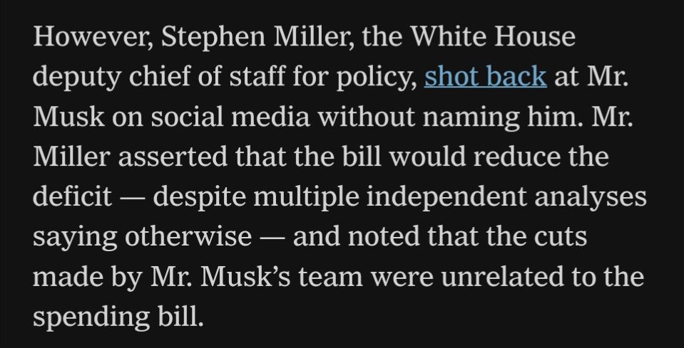 However, Stephen Miller, the White House deputy chief of staff for policy, shot back at Mr. Musk on social media without naming him. Mr. Miller asserted that the bill would reduce the deficit — despite multiple independent analyses saying otherwise — and noted that the cuts made by Mr. Musk’s team were unrelated to the spending bill