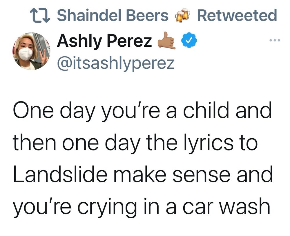 “One day you’re a child, then one day the lyrics to Landslide make sense and you’re crying in the car wash”