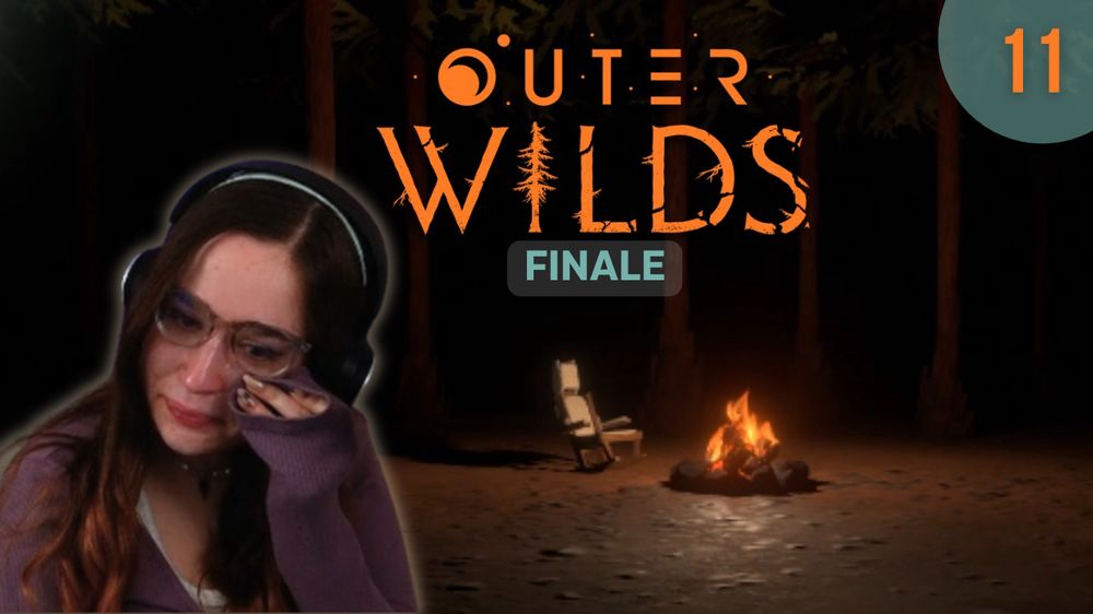 YouTube thumbnail of an Outer Wilds playthrough

I am on the left side, crying. I wear clear glasses, a black gaming headset, and a purple shirt

“Outer Wilds” and “Finale” are in the top middle of the screen

The background is an in game screenshot of a campfire and a chair. The scene is dark.

11 is in the top right corner, signifying the episode  