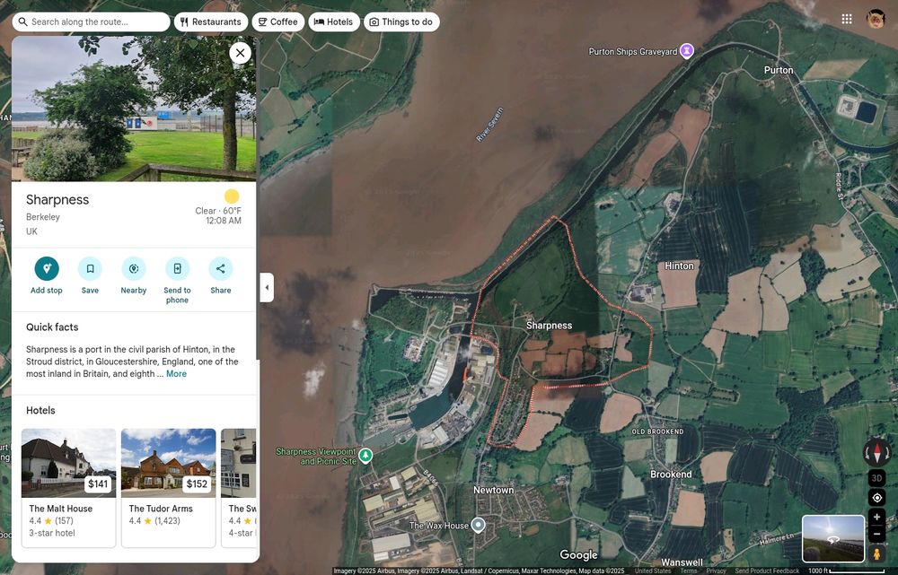 Google Maps screenshot of a very small town in Berkeley, UK called Sharpness