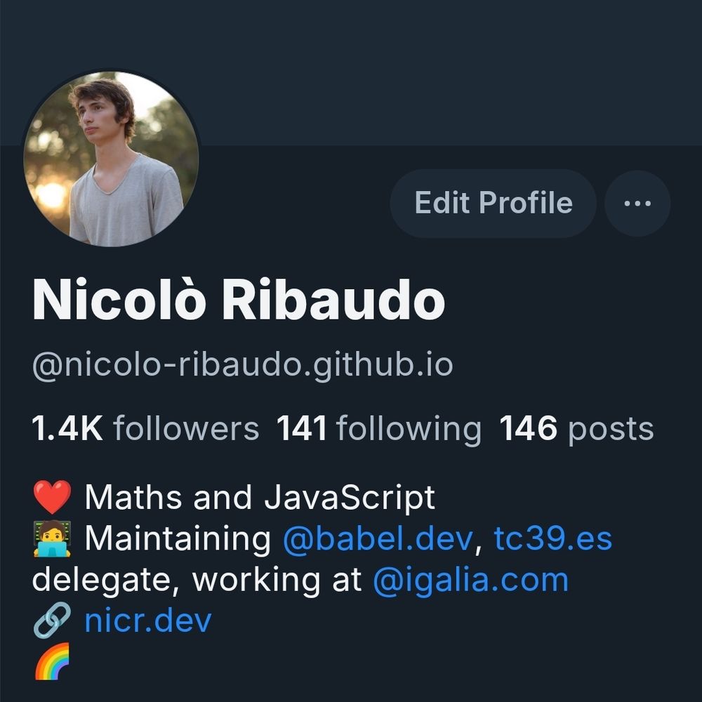 Screenshot of my Bluesky profile, showing @nicolo-ribaudo.github.io as the handle