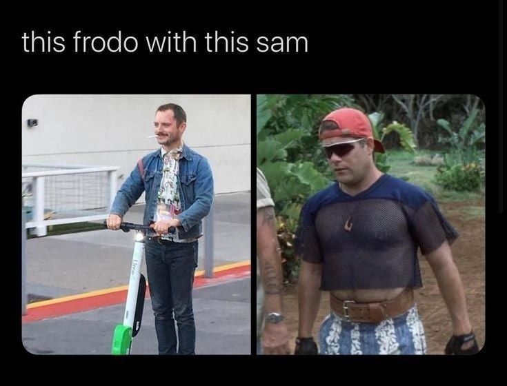 An image of a Elijah Wood and Sean Astin in hipster fuckboy outfits absolutely slaying puss. The text reads "this frodo with this sam".