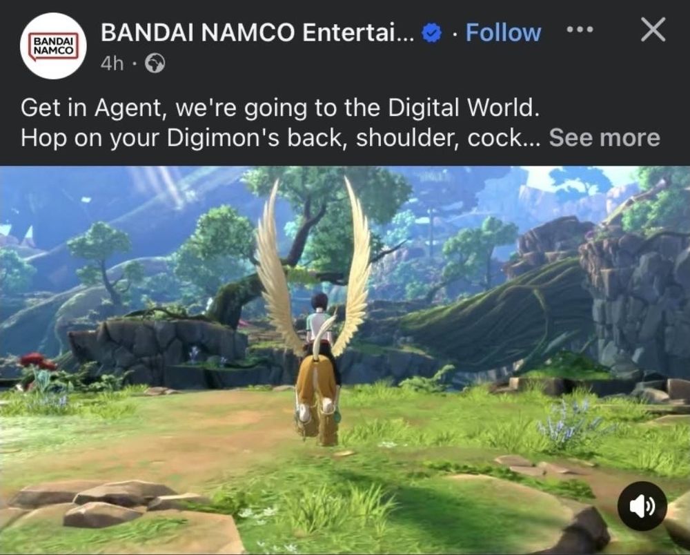 An image of a person riding a flying horse in a forest vista. The text indicates its a post from Bandai Namco on Twitter. The text reads: Get in Agent, we're going to the Digital World. Hop on your Digmon's back, shoulder, cock... See more