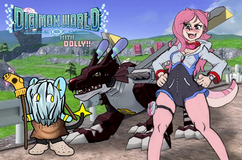 A promo image for today's stream! In the foreground on the right is Dolly (pink otter girl) in the protagonist's incomprehensible outfit. Next to her are Dolly's two Digimon, me (blue slug boy) as a BlackMetalGarurumon (black and silver metallic wolf) with my antennae, and Slorb (a parody version of myself who is the blue lion Pokemon Shinx) in a Jijimon (scruffy old man) outfit made from random garbage. We are standing along a railing above a field. The art of Dolly is by @errorrabbit. The art of Slorb is by @aceofdiamondsft.