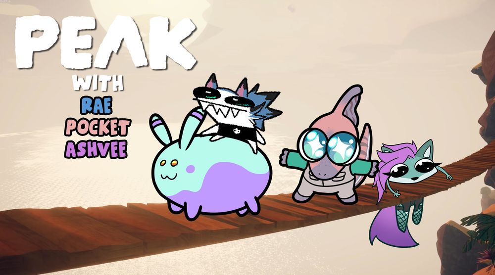An image of several creatures trying to traverse a bridge. A blurple sluggy honse, a blue and white square dog, a pink parasaur, and a blurple fox demon. The text reads "PEAK with RAE, POCKET, ASHVEE".