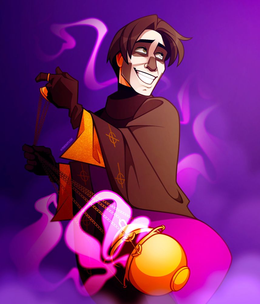 A fully-rendered cartoon illustration of Papa Emeritus III from the band Ghost. She stands against a cloudy purple background in her traditional ritual chasuble, looking up over her shoulder to the light source behind her. She swings a golden thurible spewing plumes of pink smoke across her body, smiling broadly as she gazes off into the distance.