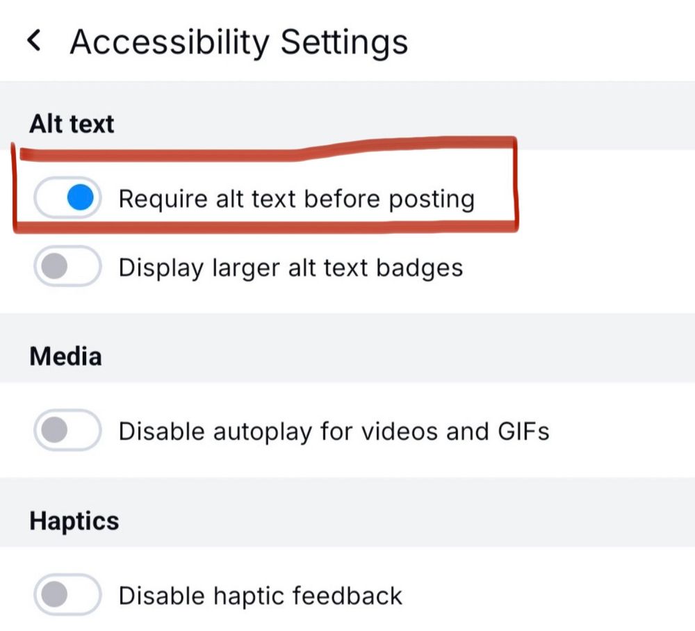 Screenshot of slider to turn on Alt Text requirement for posts with specific button surrounded by a red square