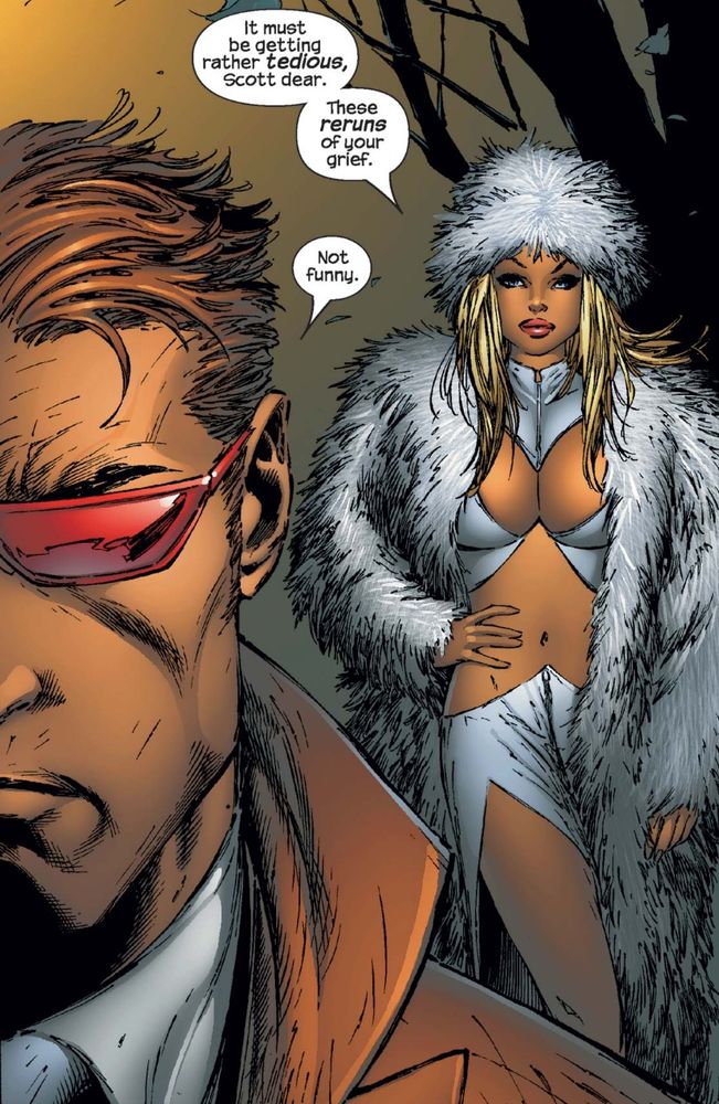 Emma Frost asks Scott if he’s tired of grief re-runs