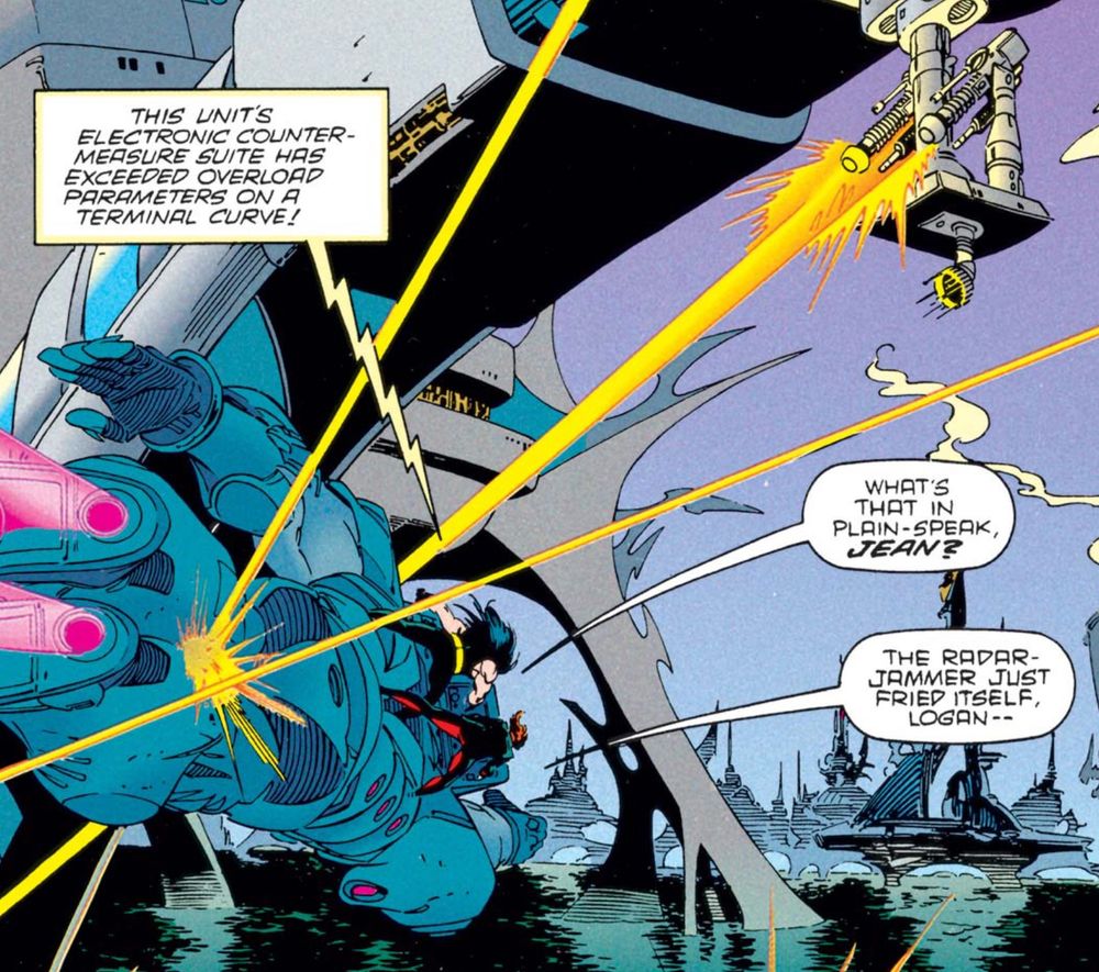 Logan and Jean ride a sentinel through laser fire