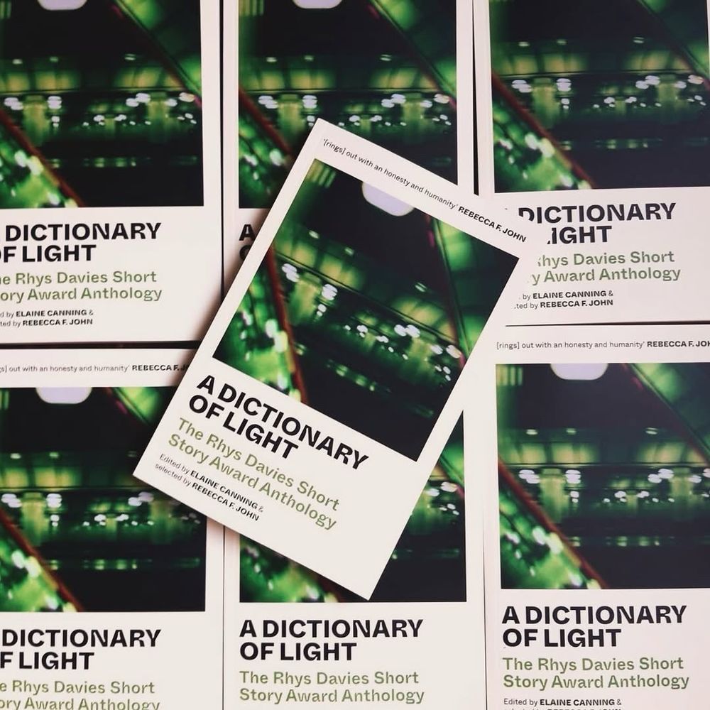 A stack of paperbacks viewed from above, one rests on the top of the pile at an angle. The book has a pale cover with a green photo in the centre alongside the title: A Dictionary of Light. 