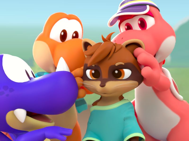 Two yoshis and a rex playing with Cinnamon's face and ears