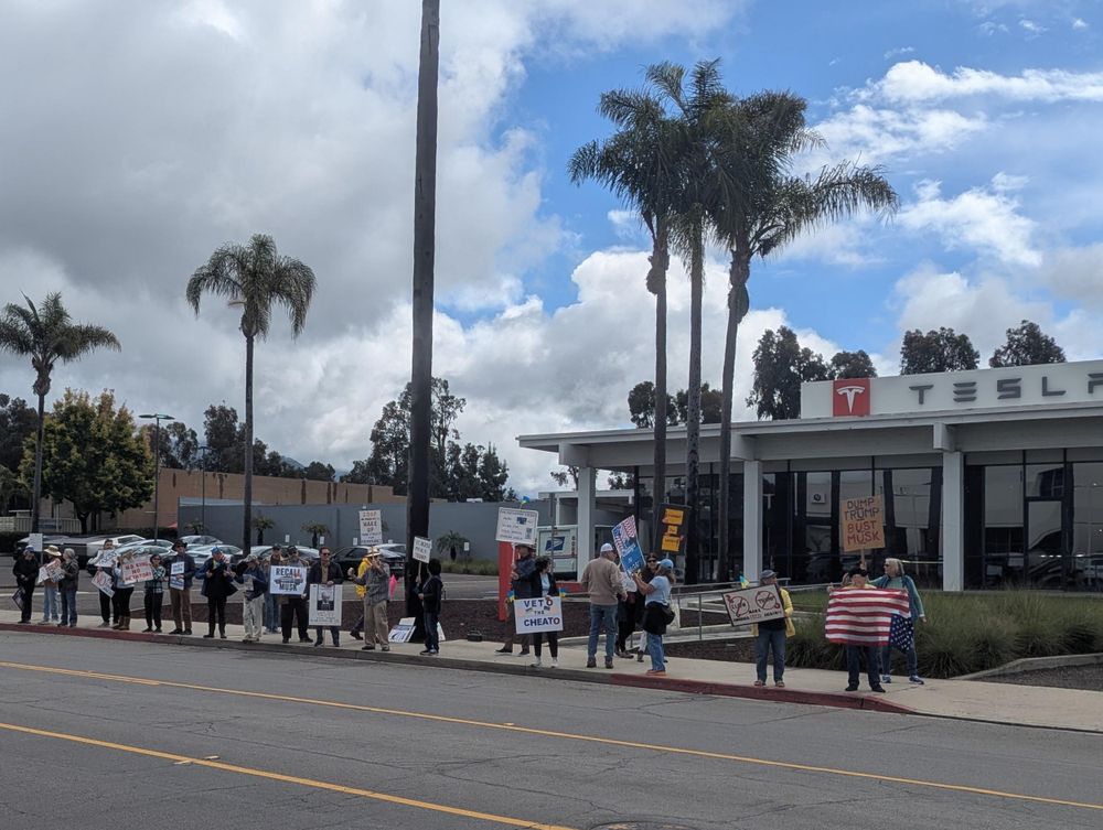 A small but mighty group of protesters standing along a sidewalk holding signs outside of a Tesla dealership 