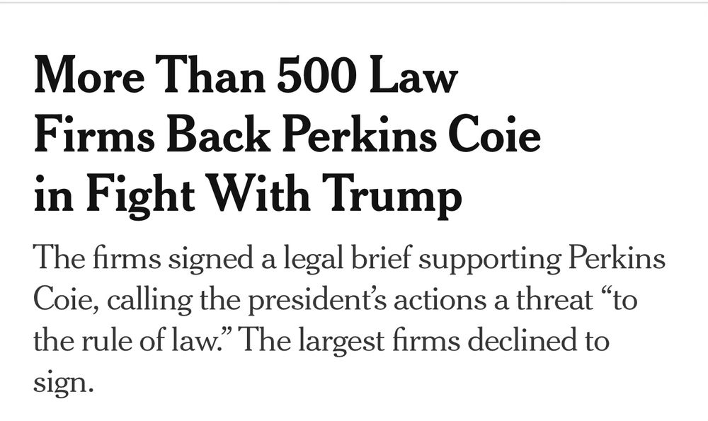 Image of NYT article discussing more than 500 law firms backing Perkins Coie in Fight with Trump 
