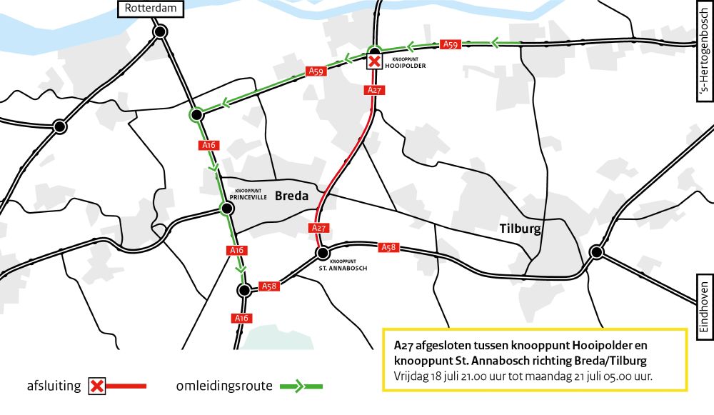 Omleidingskaart A27 tussen knooppunt Hooipolder en St. Annabosch