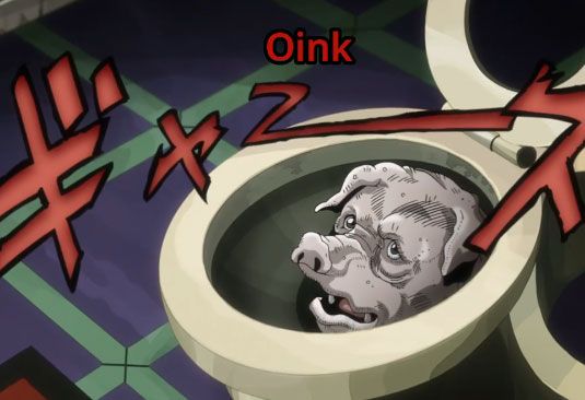 An oinking pig, head emerging from a toilet to shame an idiot journalist. It’s a screenshot from the Stardust Crusaders season of Jojo’s Bizarre Adventure 