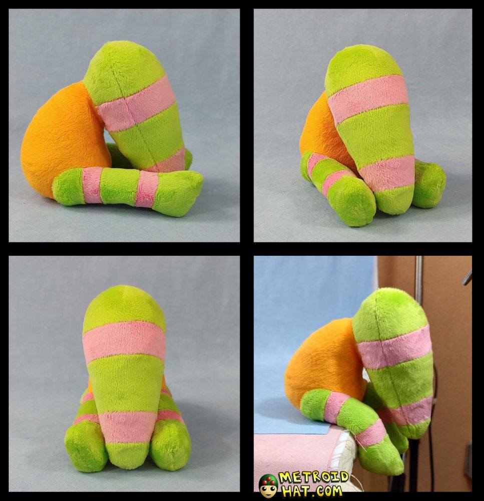 Four pictures of my Storch plushie prototype. Imagine if you will... a hunched potato body with a tapering, striped carrot head and stumpy striped legs. And it's in light green, pink, and orange candy colors. Because this is a prototype meant to show construction, it doesn't have to be game accurate and I can use whatever colors I want!