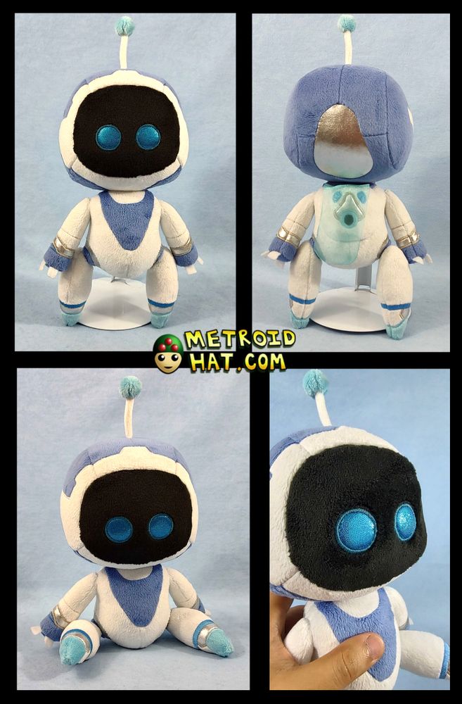 My prototype Astrobot plushie from four different angles. The more subtle the shapes, the more difficult they are to achieve in plushie form. Like, the head isn't just a 'circle', and the body isn't just an 'oval', so they required a lot of care. I'm very pleased with my choice of eye fabric, in which the individual sparkles are reminiscent of pixilation.