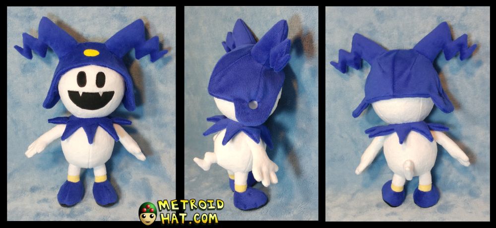 A prototype plushie of Jack Frost in three different angles. 