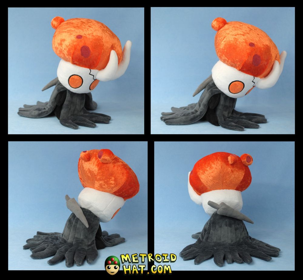 Four pictures of the Broken Vessel character plushie. They are a hunched-over jar-headed bug with a cape, curved horns, and a huge bulbous mass of orange infection growing out their head. They have weighted pellets in their body and legs sticking straight out, which greatly help them from tipping over.