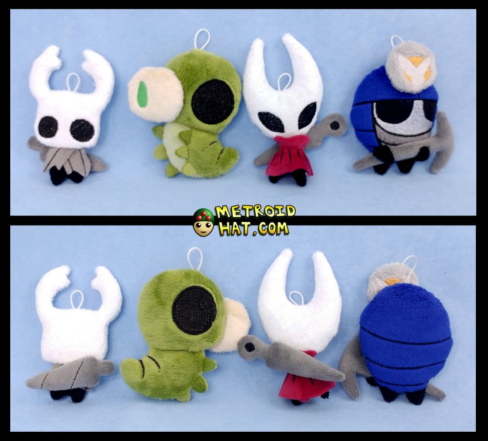 Four small plushies from the Hollow Knight series: Wanderer Knight, Grub, Hornet, and Myla. These small plushies are 3.5-4 inches high and have loops of cord for hanging off a backpack. 