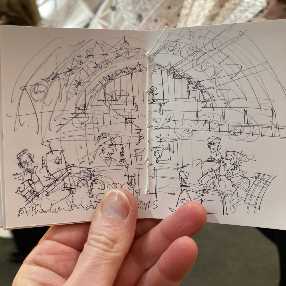 Sketch of Birds Eye view over the London Art Fair at the Business Design Centre, huge arc of ceiling over the stands