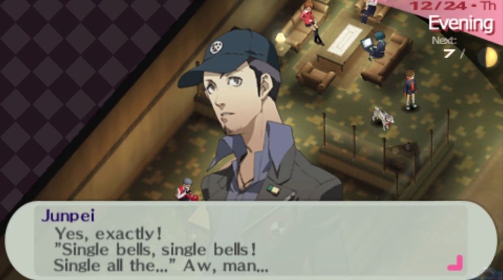 Junpei without realizing it says, "Single Bells, single Bells single all the...." then gets sad knowing it's referencing his dead love interest.