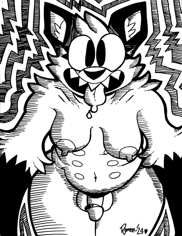 NSFW image! An anthro fox (Gwen Fox) with her breasts and dick out is facing the viewer. Arms are lunged forward and her tongue is sticking out with a silly gaping smile.