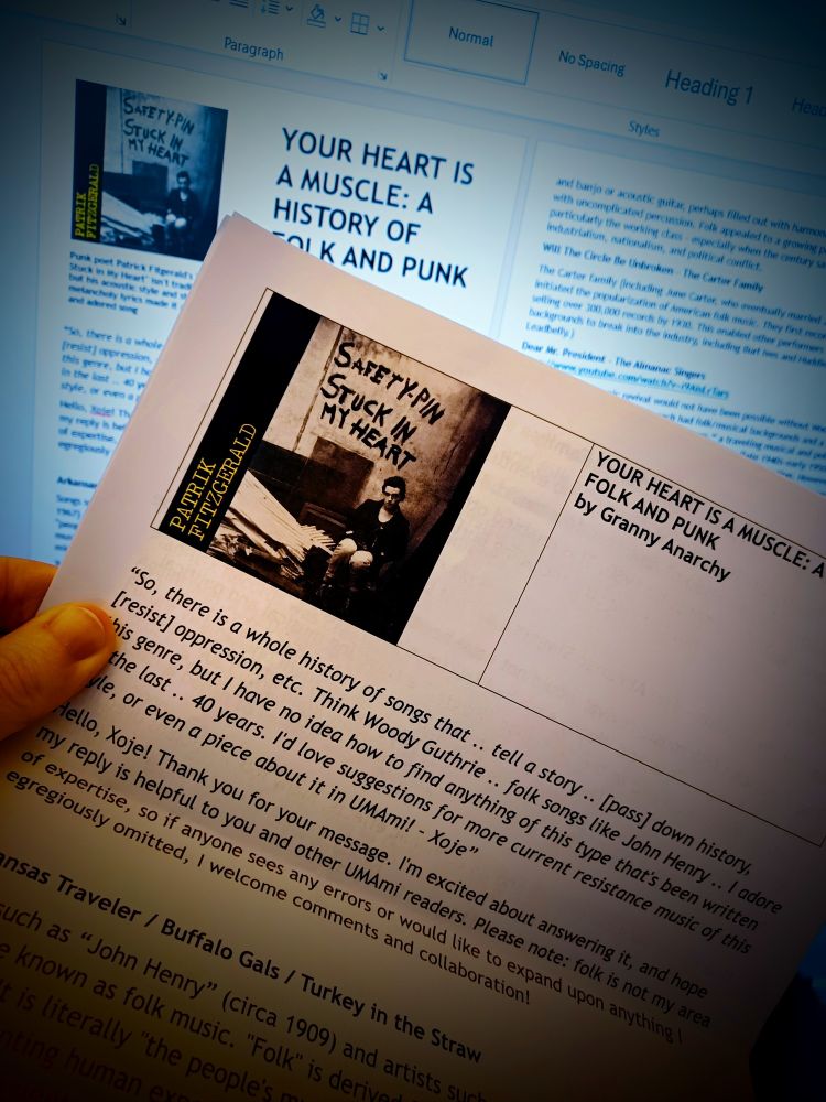 Paper in front of a computer screen. Both read "Your Heart Is a Muscle: A History of Folk and Punk."
