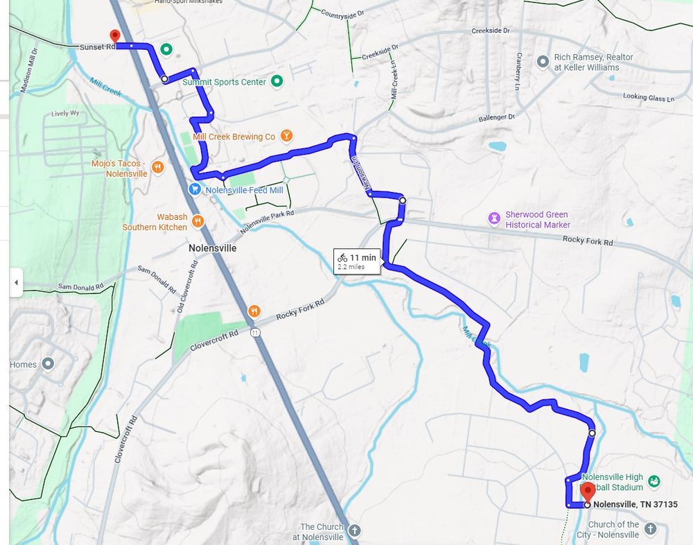 Google maps view of Nolensville, highlighting a route from the end of Sunset Rd (where a very nice, large MUP is) to the high school, teh vast majority of which is on their trail system and none of it is on a major road...That is 2.2 miles long and google estimates at 11 minutes.
