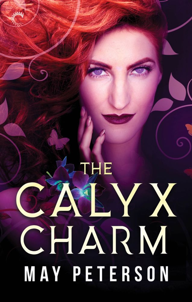 Cover for The Calyx Charm, showing a young trans woman with flowing red hair and purple hair smiling against a dark purple background, surrounded by shimmering pink magical vines and butterflies.