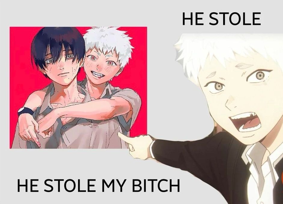 Picture of Hikaru from The Summer Hikaru Died pointing in distress at a photo of Hikaru putting his arms around Yoshiku and saying “He stole—he stole my bitch!” 