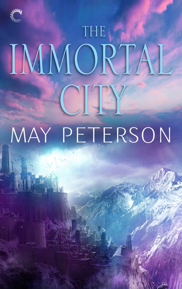 Cover for The Immoral City, showing a walled city on a mountain with a mountain range in the background, depicted in purple and blue and magenta colors. 