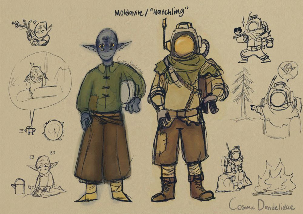 A bunch of sketches of Hatchling (or named Moldavite in this case) from Outer Wilds. In the middle of the canvas is the being themselves, with clothing slightly different from canon on the left and Hatchling’s space suit on the right.

At the furthest left are some sketches of Hatchling/Moldavite, two being that of them holding a flowering plant close and planting a new seedling, and the middle of them accidentally autopiloting straight to the sun whilst they panic. Badly. 

On the other side at the right, is Hatchling/Moldavite being the silly being they are in their space suit at the top right. Middle sketch has them pointing at a tree they found and going “::o”, while the bottom right sketch is them chilling at the fireplace. Where are they and the fireplace, and who started the fire? Idk, but they’re chilling alright.