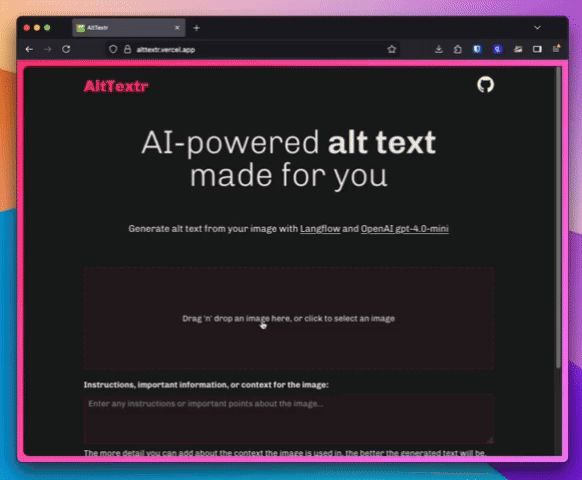 An example of using the alt text generating app. An image is loaded, then set to generate alt text. Then extra information is added and the alt text is generated again.