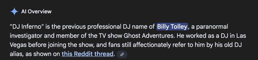 Al Overview "DJ Inferno" is the previous professional DJ name of Billy Tolley, a paranormal investigator and member of the TV show Ghost Adventures. He worked as a DJ in Las Vegas before joining the show, and fans still affectionately refer to him by his old DJ alias, as shown on this Reddit thread. 