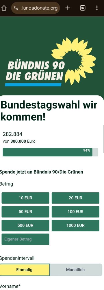 Screenshot der Spendenseite der Grünen zur Bundestagswahl, 282.884 von 300.000€ erreicht