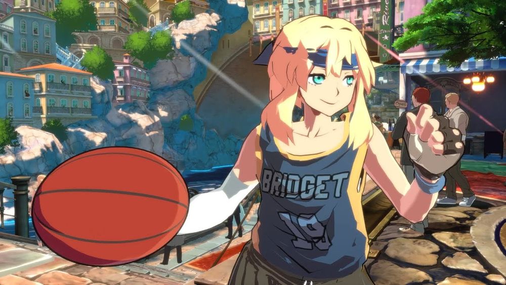 Bridget from Guilty Gear wearing a blue and yellow jersey with "BRIDGET" on it and holding a basketball