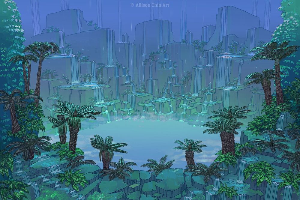 The same setting at night, with dark purples descending from the sky.