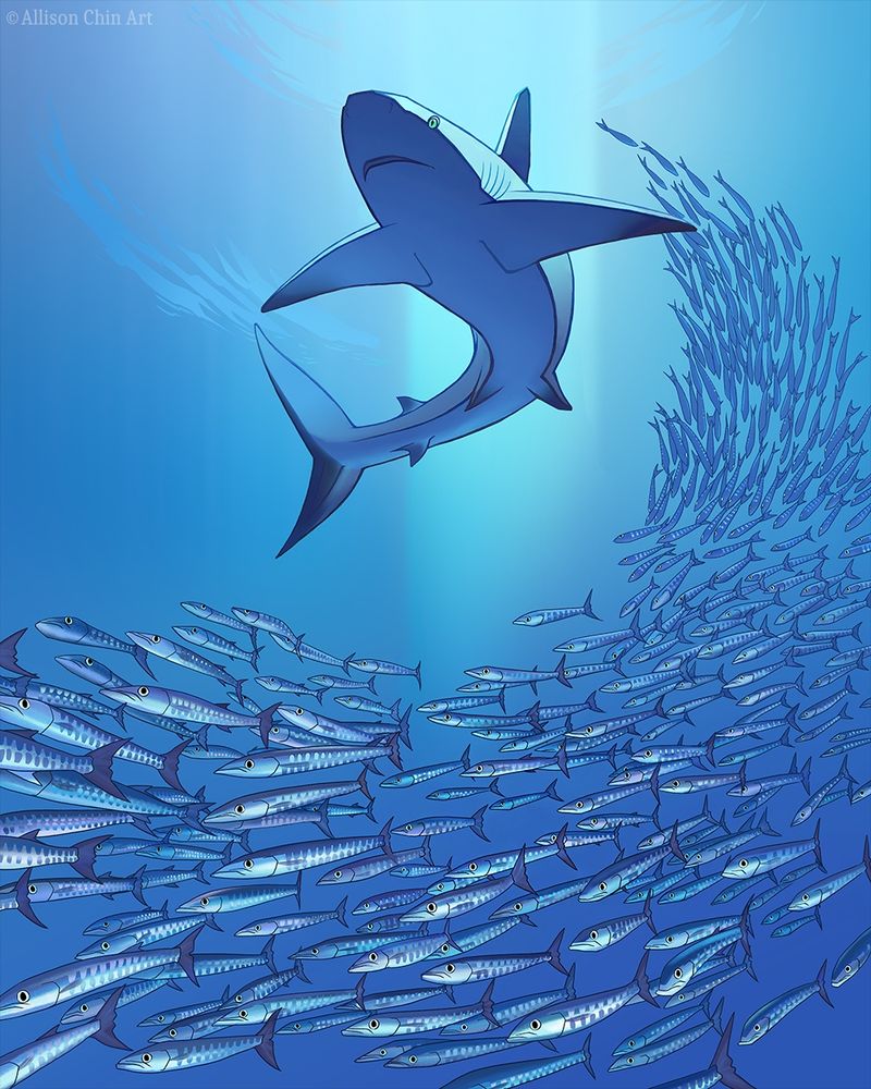 Art of a Carribean reef shark swimming overhead a school of barracuda sweeping downwards