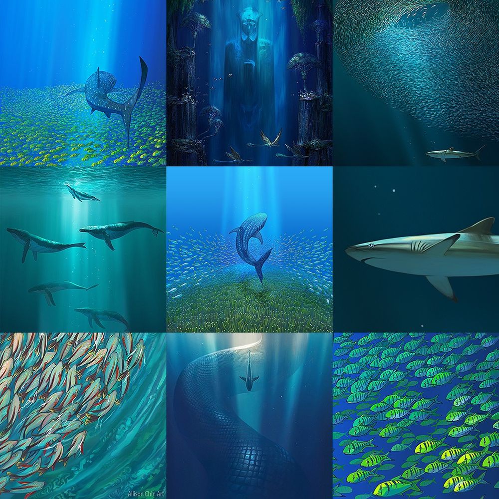 A collage of 9 artworks done in 2024. Most of them depict atmospheric scenes of the ocean teeming with life.