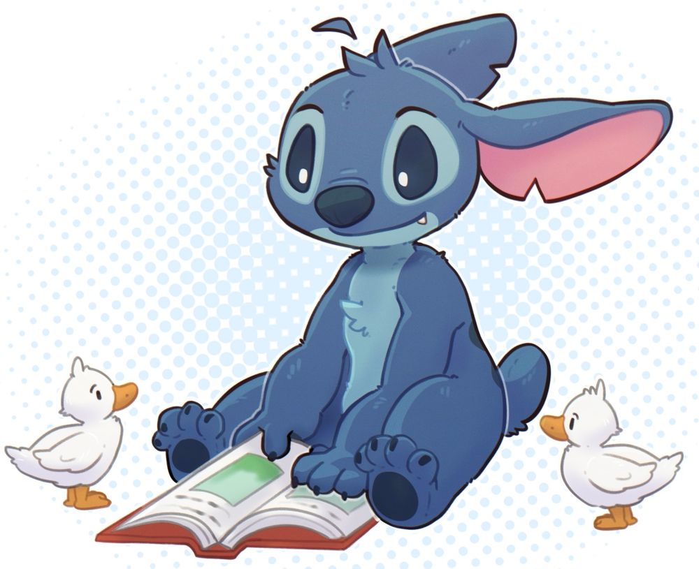 Stitch sitting and reading a picture book to two ducklings