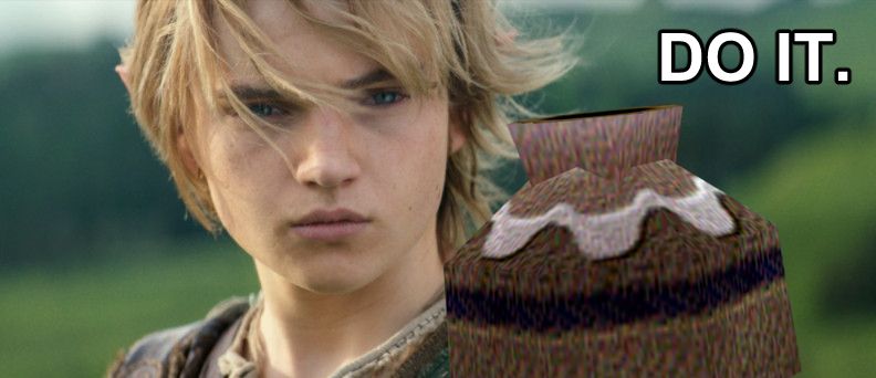 edited screenshot from the in-development Legend of Zelda movie, where 
Benjamin Evan Ainsworth is looking somewhat to the right of the viewer. In the foreground I pasted in a Pot from Ocarina of Time, so that it appears he is looking at it. Above the pot in white lettering it says "DO IT." Is that the pot saying it? his inner voice? navi? who knows but it's gonna get thrown to the next county